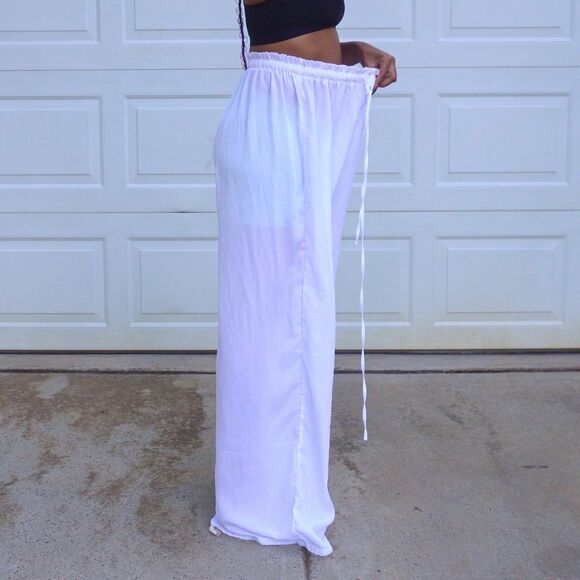 PLT White Sheer Wide Leg Drawstring Pants Size 12 Resort Beach Vacation - Picture 3 of 15